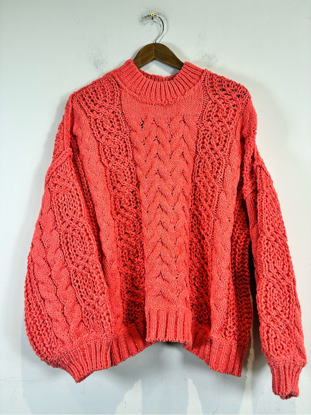 POL Bright Orange Cable-Knit Crewneck Sweater, Size M